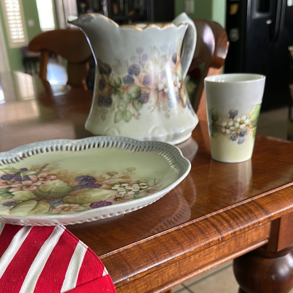 Floral Ceramic Pitcher, Plate, and Cup Set (antique)